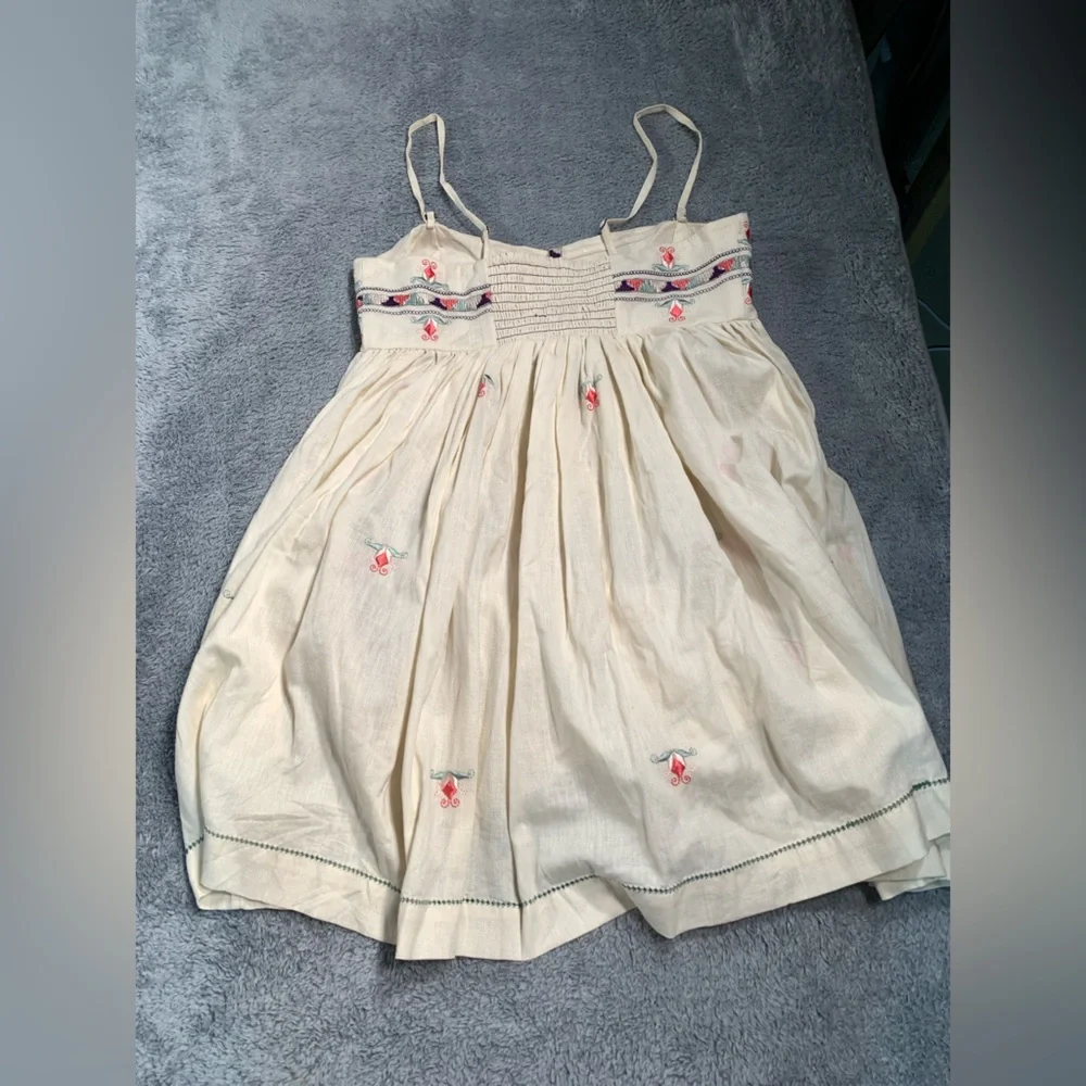 Free People Cream Mini Dress with Pink & Green Embroidery